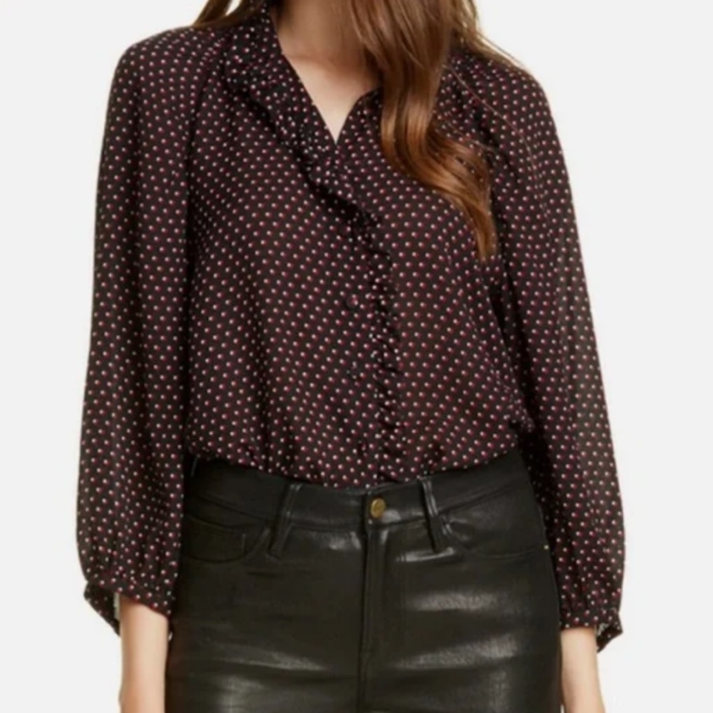 Frame Denim 100% Silk Heart Print Grace Blouse size XS Black Red Multi $325